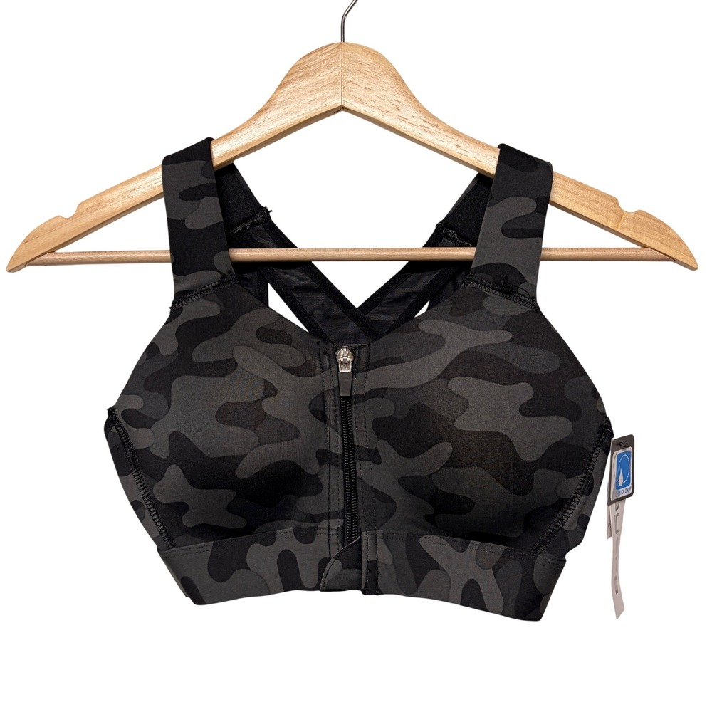 Layer 8 Maximum Support Sports Bra Cross Back Front Zip 32-34 A/B Black Camo S
